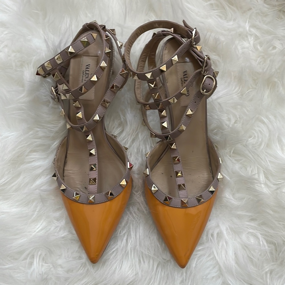 Valentino Orange Rockstud Stud Strappy Pointy Toe Heels